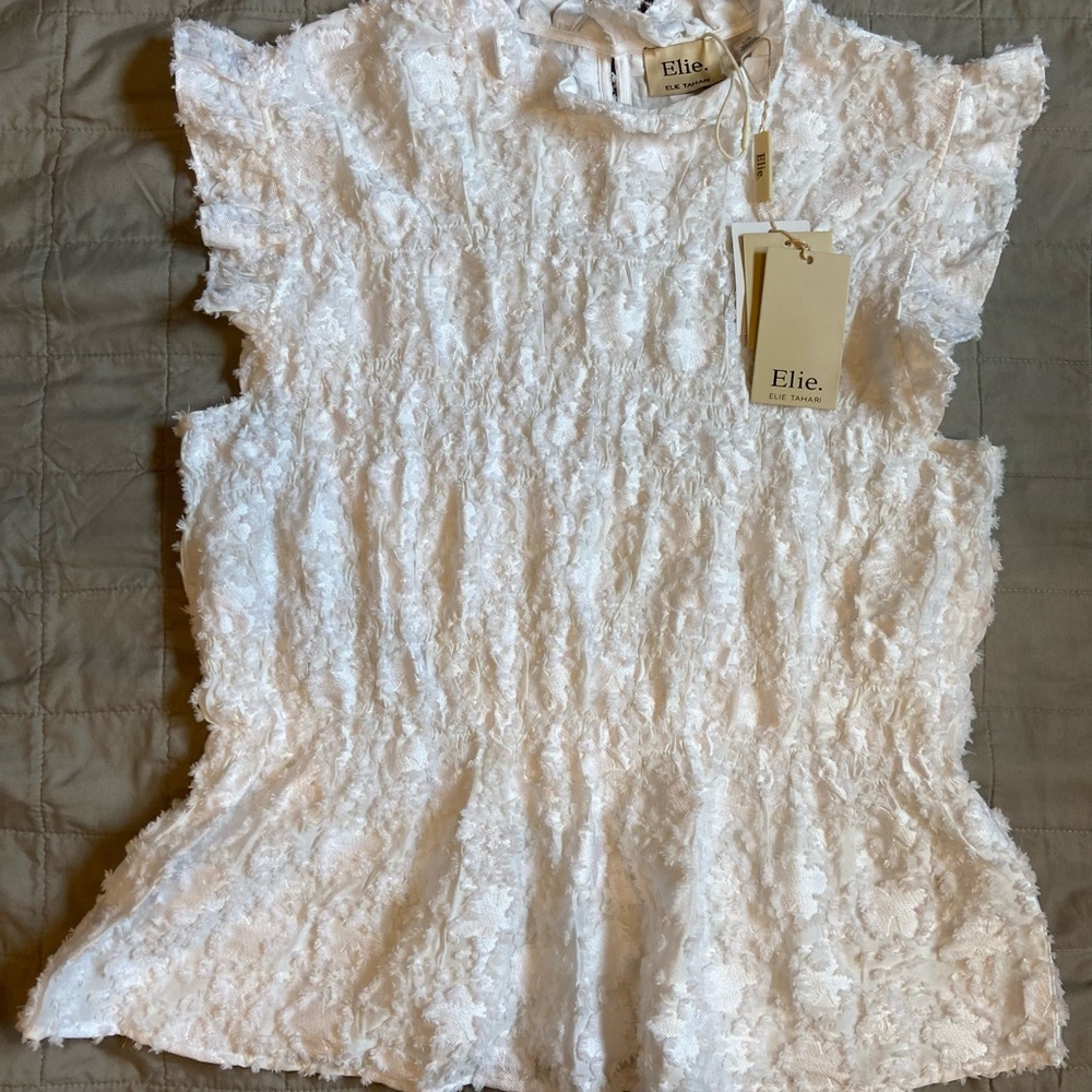 Elie Tahari Textured Peplum Flutter Sleeve Top